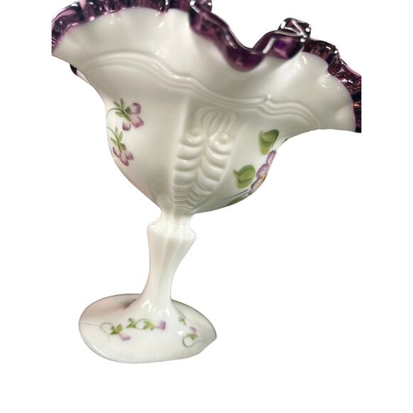 Fenton Amethyst Purple Crest Hand Painted Pansies Compote Signed - Picture 5 of 5